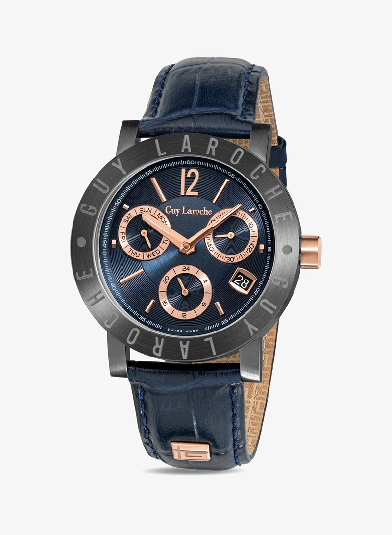 Guy Laroche Alex Watch for Men with Blue Genuine Leather Strap 42 mm 5 Atm