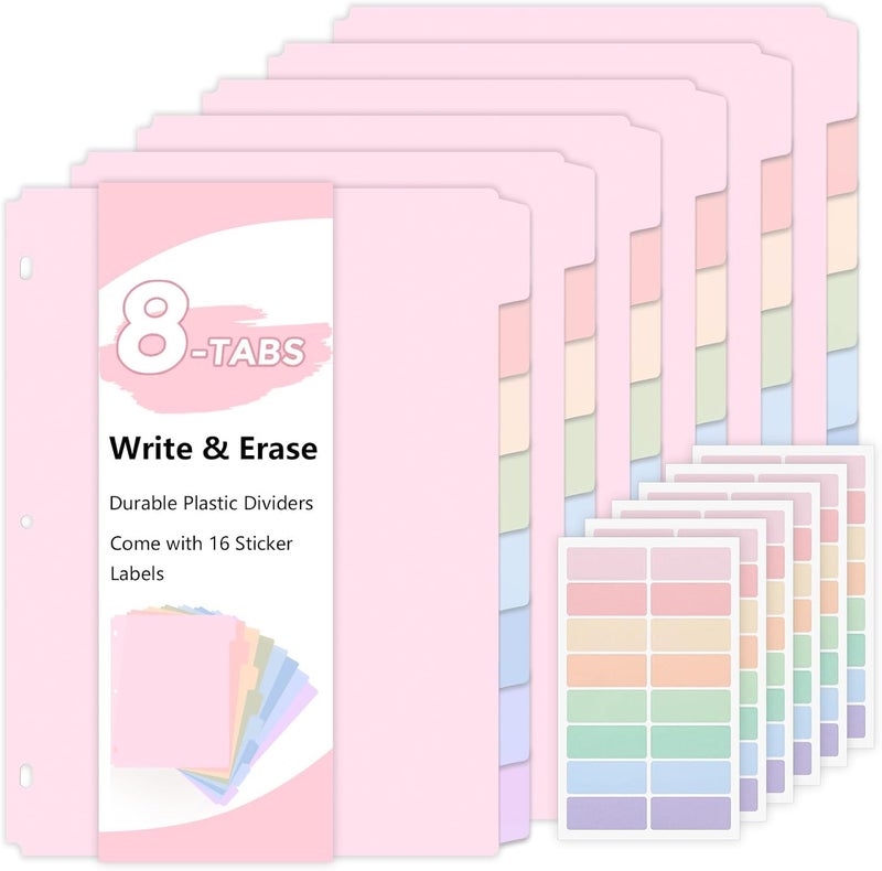 Skydue Durable Plastic 8-Tab Dividers,6sets,Big Tab Dividers for 3 Ring Binder, Write&Erase 3 Ring Binder Dividers with Tabs,with Sticker Labels，Pink - Image 1
