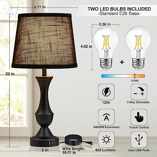 Luvkczc Black Touch Table Lamps Set of 2, 22" Tall Bedside Lamps with USB C+A Charging Ports, Nightstand Lamps for for Bedroom, Living Room, Office, with Black Lampshade, LED Bulb Included - Image 3