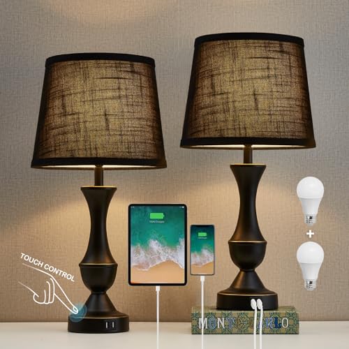 Luvkczc Black Touch Table Lamps Set of 2, 22" Tall Bedside Lamps with USB C+A Charging Ports, Nightstand Lamps for for Bedroom, Living Room, Office, with Black Lampshade, LED Bulb Included - Image 1