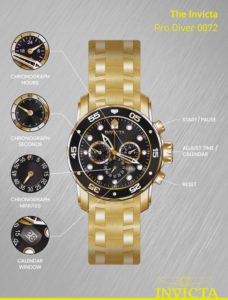Invicta Men's 0072 Pro Diver Collection Chronograph 18k Gold-Plated Watch - Image 5
