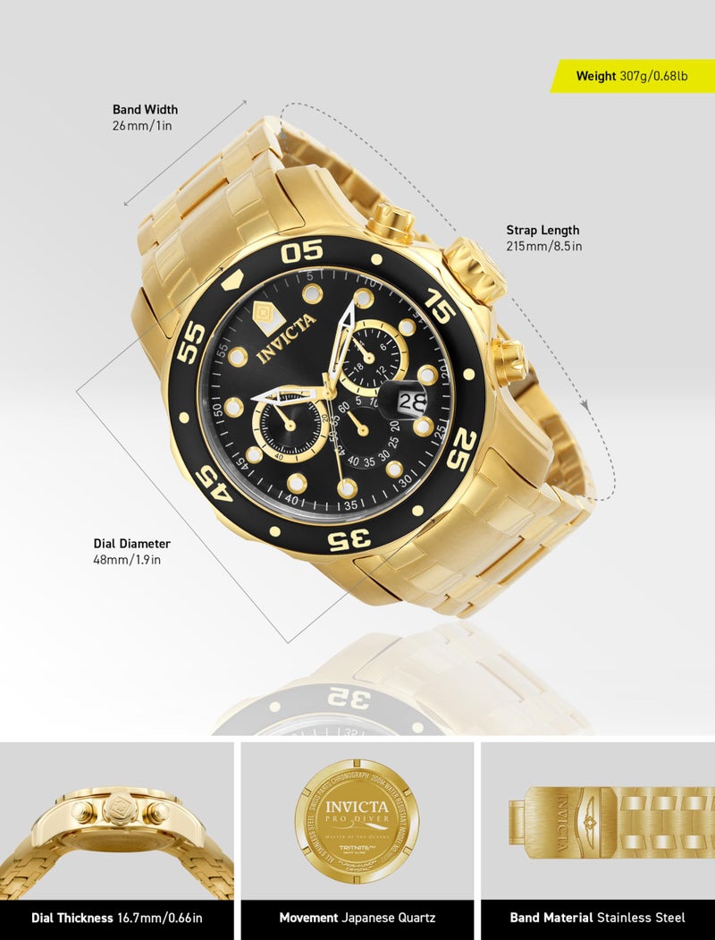Invicta Men's 0072 Pro Diver Collection Chronograph 18k Gold-Plated Watch - Image 3