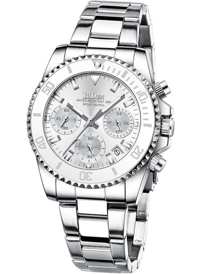 BIDEN Women Elegant Chronograph Rotatable Bezel Mineral Glass Luminous Watch Stainless Steel Waterproof Date Analog Quartz Watch Fashion Business Dress Wrist Watch - Image 1