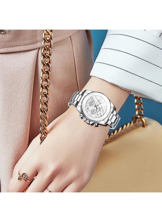 BIDEN Women Elegant Chronograph Rotatable Bezel Mineral Glass Luminous Watch Stainless Steel Waterproof Date Analog Quartz Watch Fashion Business Dress Wrist Watch - Image 3