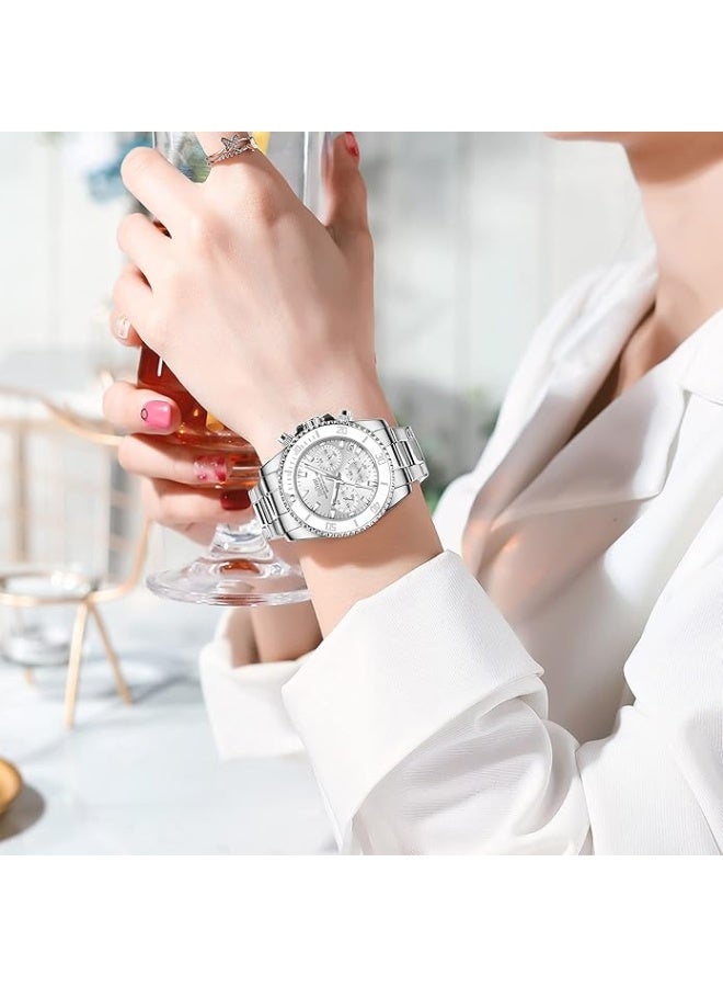 BIDEN Women Elegant Chronograph Rotatable Bezel Mineral Glass Luminous Watch Stainless Steel Waterproof Date Analog Quartz Watch Fashion Business Dress Wrist Watch - Image 4