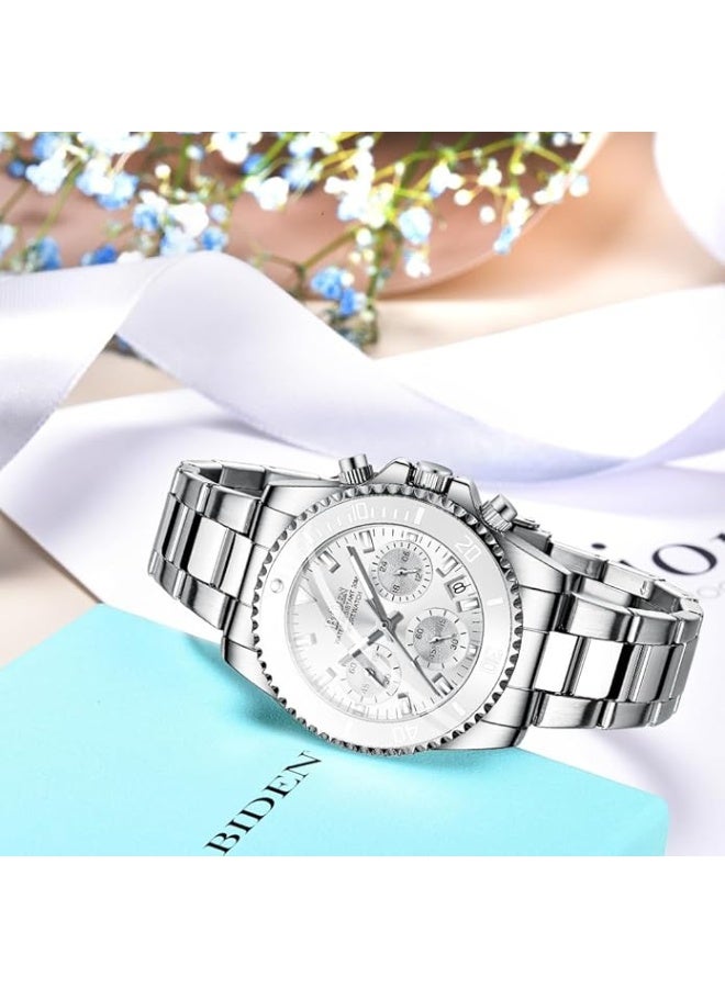 BIDEN Women Elegant Chronograph Rotatable Bezel Mineral Glass Luminous Watch Stainless Steel Waterproof Date Analog Quartz Watch Fashion Business Dress Wrist Watch - Image 5