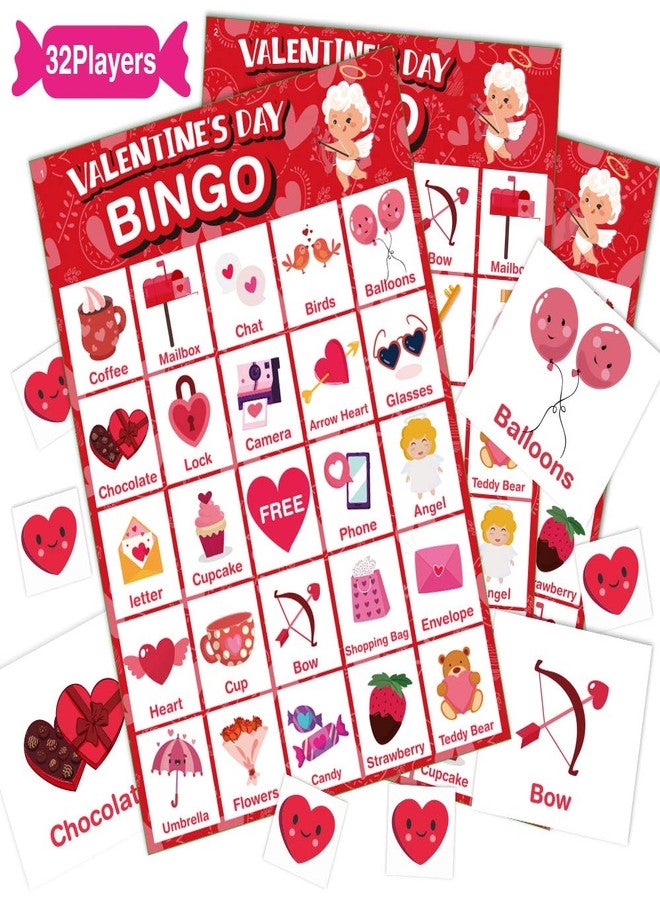 V-Opitos Valentines Day Bingo Game Card for Kids/Adults, 32 Players - Valentine Game for Family/School Classroom/Large Group, Valentine Party Favor for Boy/Girl - Image 1