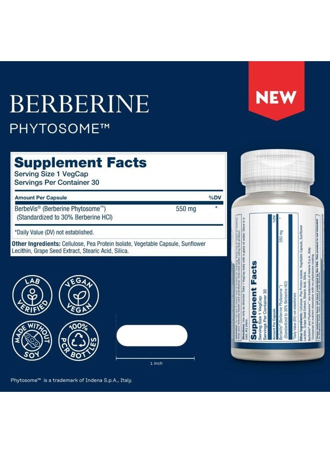 Solaray - Solaray Berberine Phytosome - 9X Absorption and Easy-to-Digest - Standardized to 30% Berberine HCl - Vegan, Made Without Soy - 60-Day Guarantee - 30 Servings, 30 VegCaps - Image 1