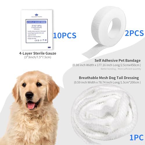 FEXICHUJI 13 Pcs Dog Tail Protector Bandage Set - Sterile Vet Wrap Gauze, Breathable Mesh Tail Dressing and Self-Adhesive Pet Bandage for Wound Care. Happy Dog Paw Nail Bandages, Paw Wounds for Pet Animals - Image 2