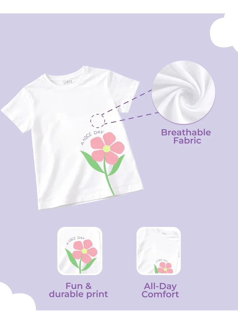 Luay Pink Girls 100% Cotton T-Shirt & Shorts Set | Kids Summer Casual Outfit | Soft Breathable Fabric | Floral “A Nice Day” Print | White T-Shirt with Pink Shorts for Women | Best Price UAE
