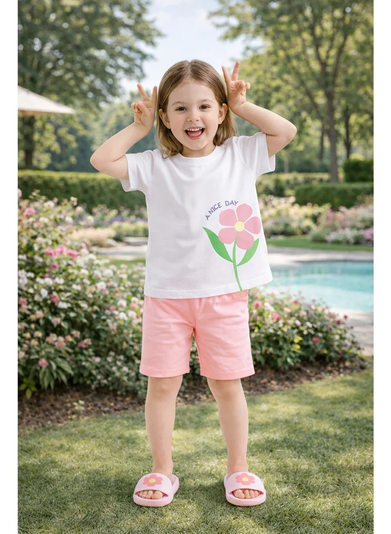 لؤي طقم بناتي صيفي 100% قطن (تيشيرت وشورت) | ملابس كاجوال للأطفال | قماش ناعم وقابل للتنفس | طبعة زهور “يوم جميل” | تيشيرت أبيض مع شورت وردي