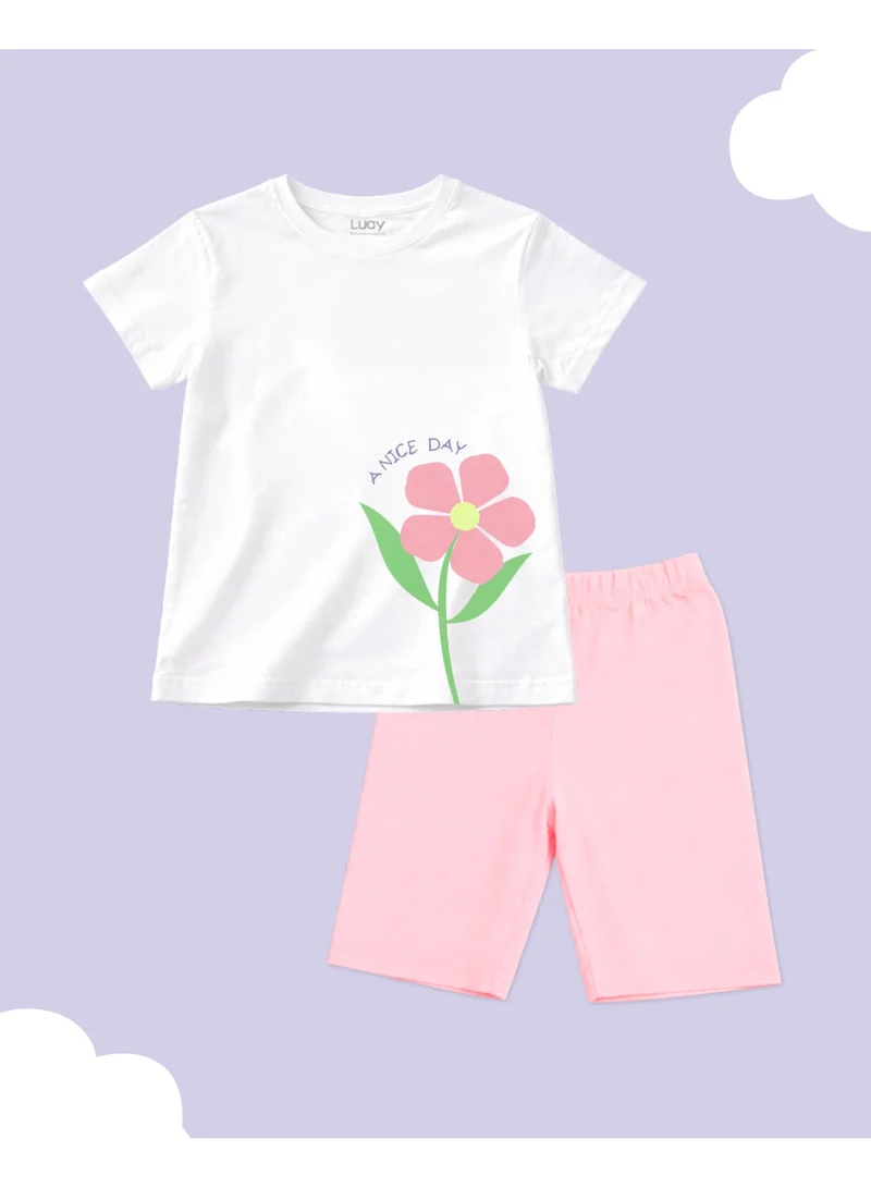 Luay Pink Girls 100% Cotton T-Shirt & Shorts Set | Kids Summer Casual Outfit | Soft Breathable Fabric | Floral “A Nice Day” Print | White T-Shirt with Pink Shorts for Women | Best Price UAE
