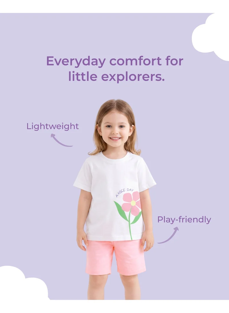 لؤي طقم بناتي صيفي 100% قطن (تيشيرت وشورت) | ملابس كاجوال للأطفال | قماش ناعم وقابل للتنفس | طبعة زهور “يوم جميل” | تيشيرت أبيض مع شورت وردي