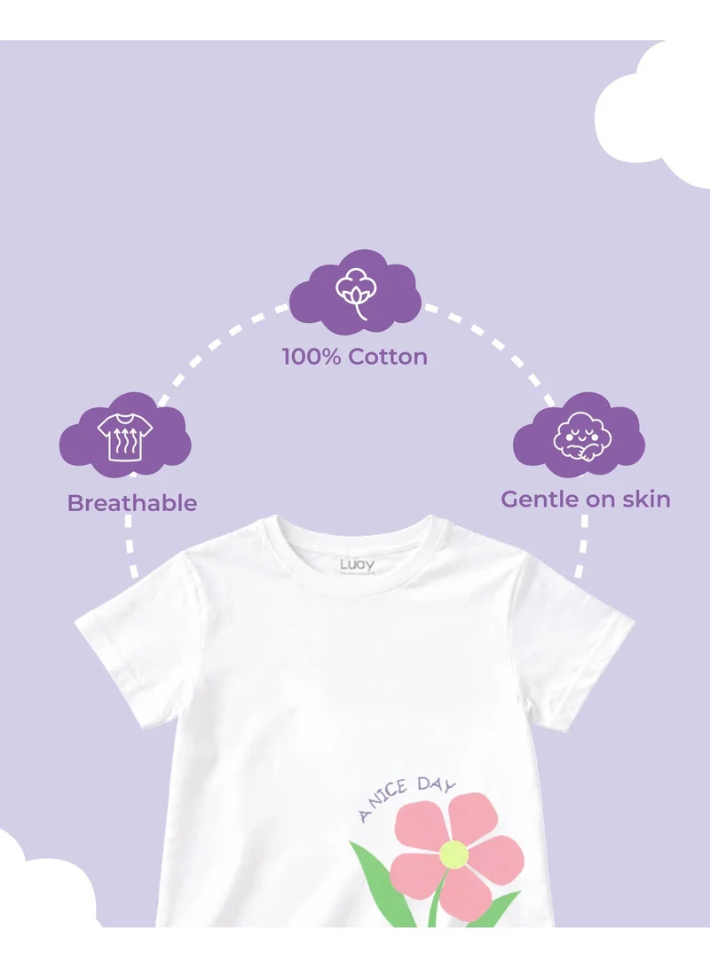 Luay Pink Girls 100% Cotton T-Shirt & Shorts Set | Kids Summer Casual Outfit | Soft Breathable Fabric | Floral “A Nice Day” Print | White T-Shirt with Pink Shorts for Women | Best Price UAE