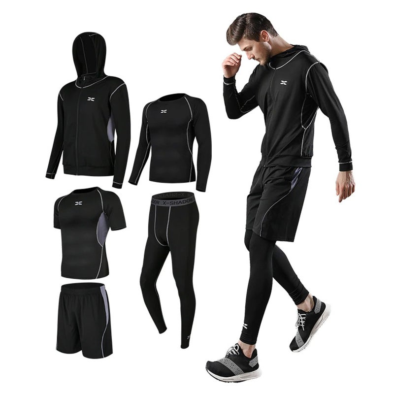 Workout Clothes 5-In-1 XXXL Black+Grey Set - Zipper Reflective Closure Stretchy Sweat-Wicking Fabric Gym Apparel for Gym Training Running Outdoor Fitness Daily Wear - Image 1