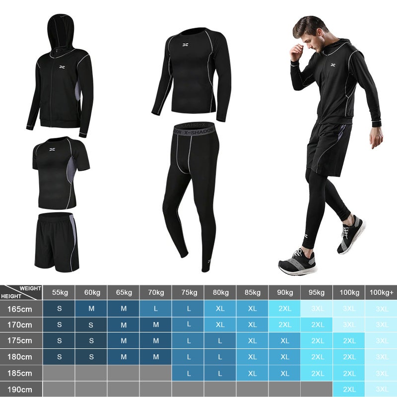Workout Clothes 5-In-1 XXXL Black+Grey Set - Zipper Reflective Closure Stretchy Sweat-Wicking Fabric Gym Apparel for Gym Training Running Outdoor Fitness Daily Wear - Image 2