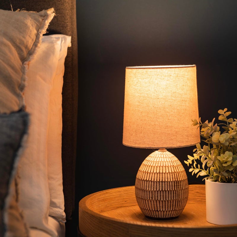 XTREME Ceramic Table Lamp, 12.75" Carved Textured Table Lamp, Modern Brown Bedside Lamp with Beige Shade, Small Nightstand Lamp for Bedroom Living Room, E26 Bulb Required - Image 2