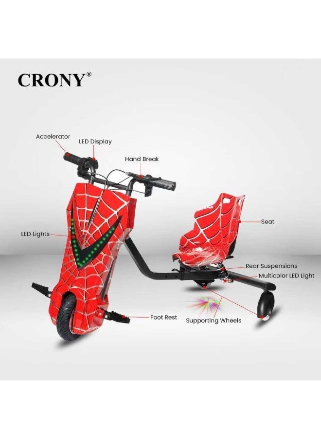 Crony JL009 8″ V-type drift car for kids, 250W motor, 36V battery, 3-speed modes, Shock Absorber Safety, 3 Wheel Electric Scooter,led lighting, smooth drift wheels, 18 km/h top speed, lightweight electric drift toy, easy control for beginners, fun drift action, ideal for kids who love drifting, racing, and scooter-style maneuverability, Bluetooth Speaker, Smooth Drift Wheels, 7–10KM Range, Lightweight Drift Toy With Safety Gear – JL009 Red Spid - Image 5