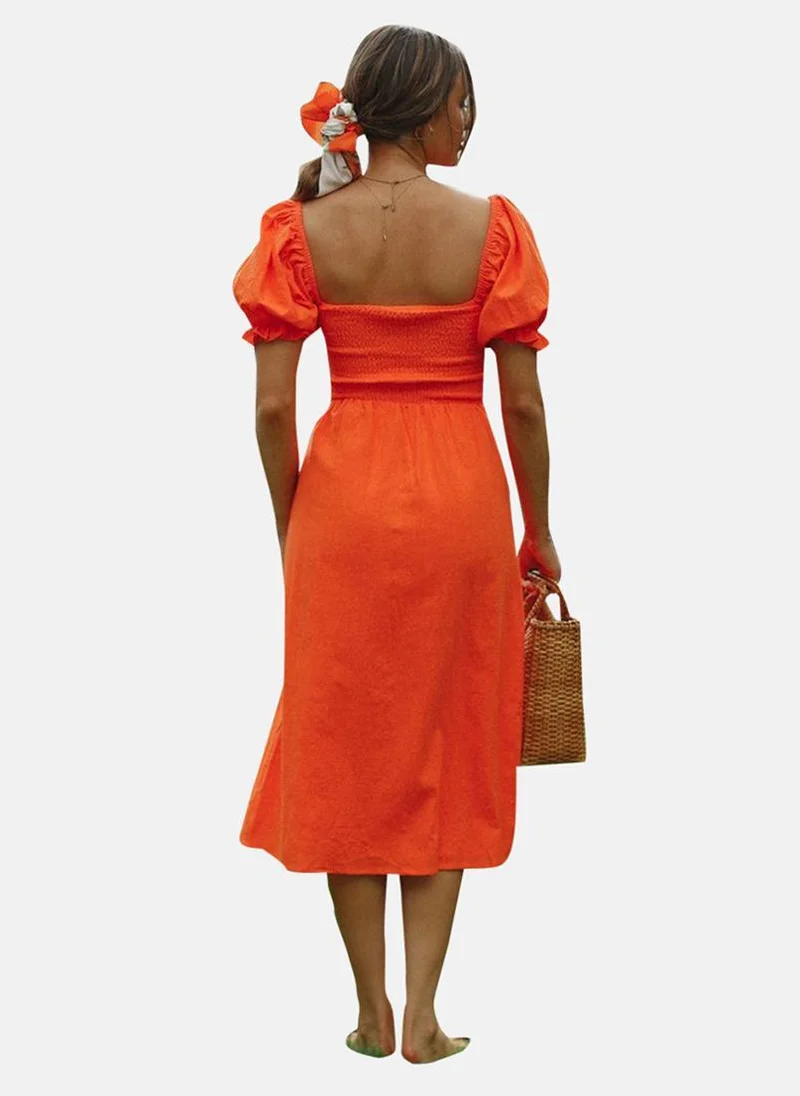 YUNIQEE Orange Square Neck Solid Fit & Flared Dress