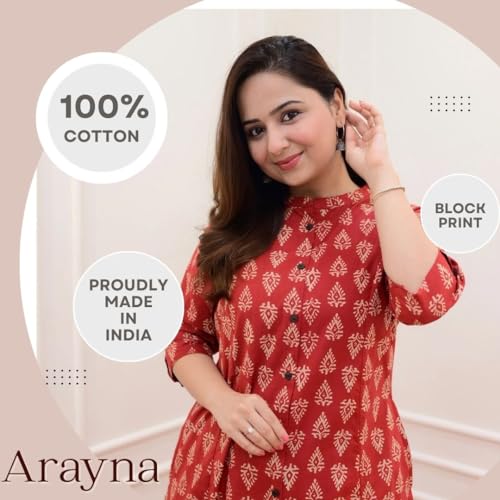 Arayna Women's Cotton Floral Block Printed Co-ord Set - Straight Kurta Palazzo Pants, Red, Small - Image 2