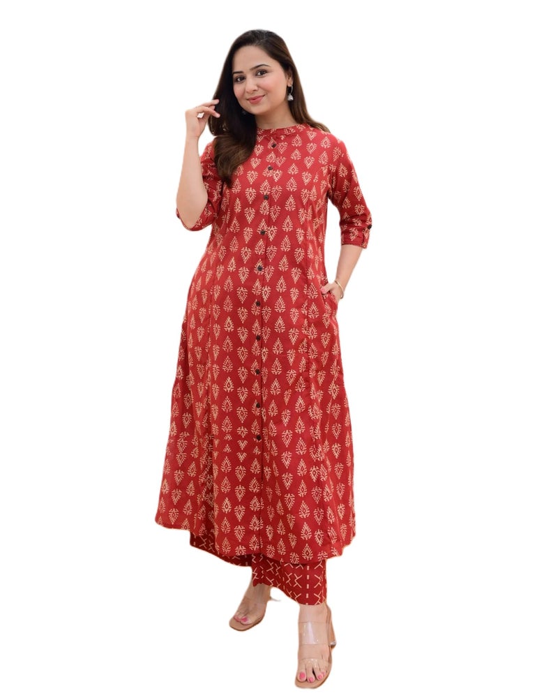 Arayna Women's Cotton Floral Block Printed Co-ord Set - Straight Kurta Palazzo Pants, Red, Small - Image 1