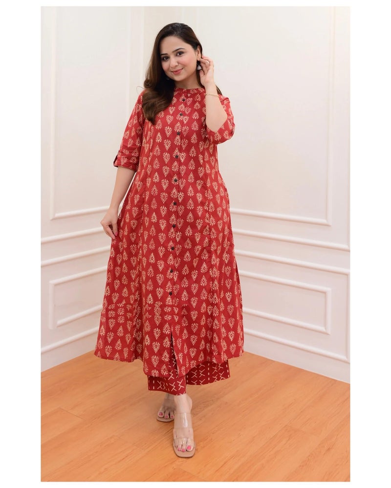 Arayna Women's Cotton Floral Block Printed Co-ord Set - Straight Kurta Palazzo Pants, Red, Small - Image 4