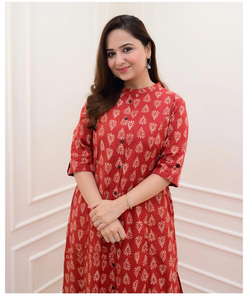 Arayna Women's Cotton Floral Block Printed Co-ord Set - Straight Kurta Palazzo Pants, Red, Small - Image 5