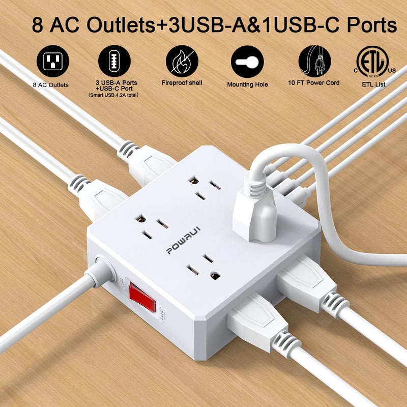 POWRUI 10Ft Surge Protector Power Strip - Flat Plug Extension Cord with 8 Widely Outlets and 4 USB Ports(1 USB C), 3 Side Outlet Extender for Home Office Dorm Room Essentials, Whiteï¼ŒETL Listed - Image 2