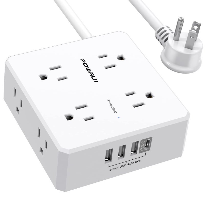 POWRUI 10Ft Surge Protector Power Strip - Flat Plug Extension Cord with 8 Widely Outlets and 4 USB Ports(1 USB C), 3 Side Outlet Extender for Home Office Dorm Room Essentials, Whiteï¼ŒETL Listed - Image 1