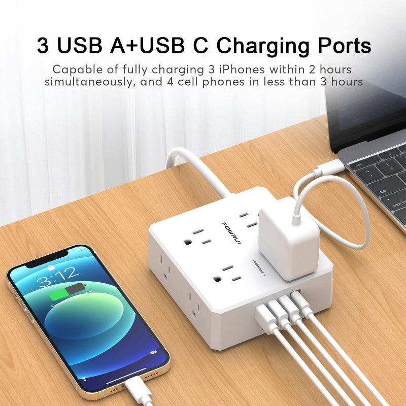 POWRUI 10Ft Surge Protector Power Strip - Flat Plug Extension Cord with 8 Widely Outlets and 4 USB Ports(1 USB C), 3 Side Outlet Extender for Home Office Dorm Room Essentials, Whiteï¼ŒETL Listed - Image 3