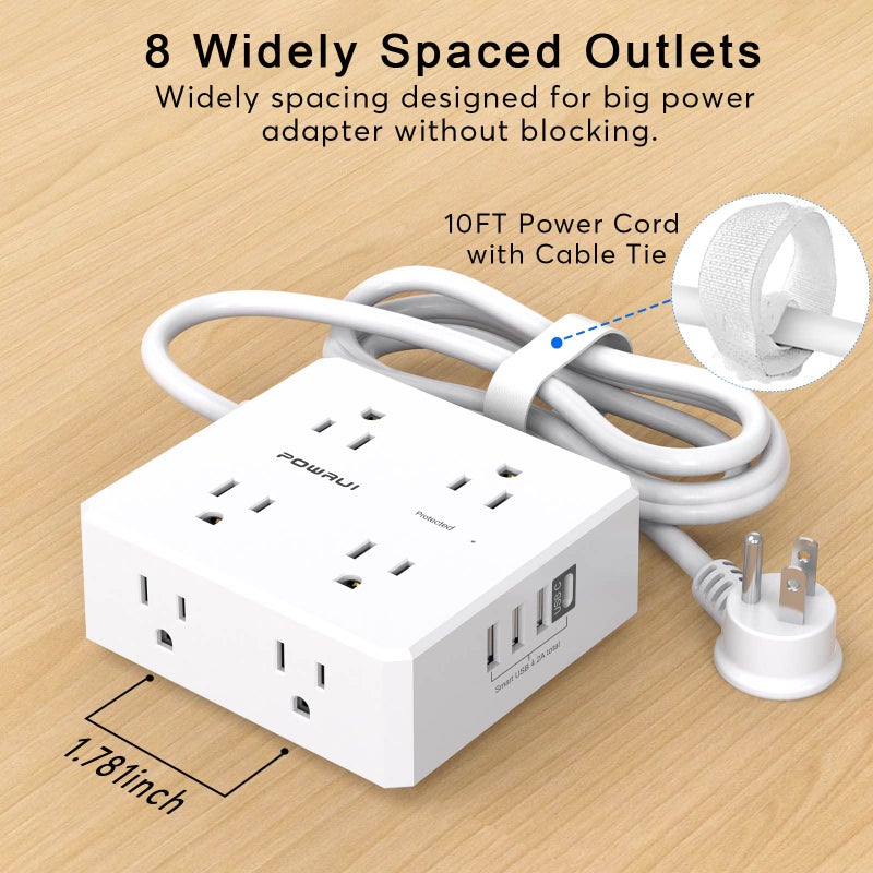 POWRUI 10Ft Surge Protector Power Strip - Flat Plug Extension Cord with 8 Widely Outlets and 4 USB Ports(1 USB C), 3 Side Outlet Extender for Home Office Dorm Room Essentials, Whiteï¼ŒETL Listed - Image 5