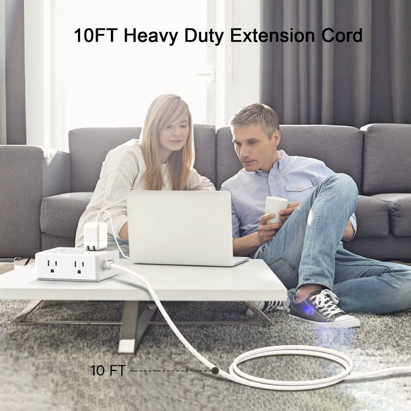 POWRUI 10Ft Surge Protector Power Strip - Flat Plug Extension Cord with 8 Widely Outlets and 4 USB Ports(1 USB C), 3 Side Outlet Extender for Home Office Dorm Room Essentials, Whiteï¼ŒETL Listed - Image 4