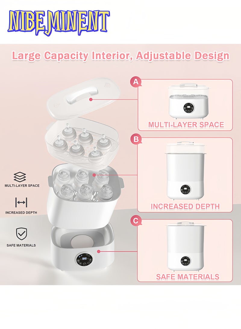 NIBEMINENT Baby Bottle Sterilizer and Dryer, 5-in-1 Large Capacity Bottle Sanitizer and Dryer, 2 Layers Compact Baby Bottle Electric Steam Sterilizer and Dryer for Baby Bottles, Pacifiers, Pump Parts - Image 4