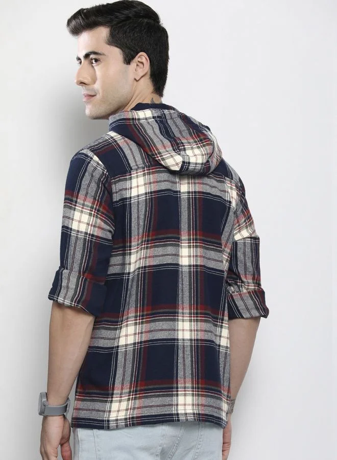 The Indian Garage Co Men Regular Fit Checkered Full Sleeves Hooded Double Flap Pocket Casual Over Shirt