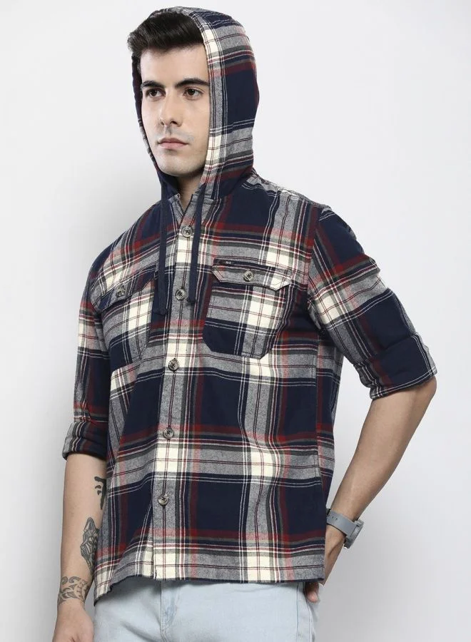 The Indian Garage Co Men Regular Fit Checkered Full Sleeves Hooded Double Flap Pocket Casual Over Shirt