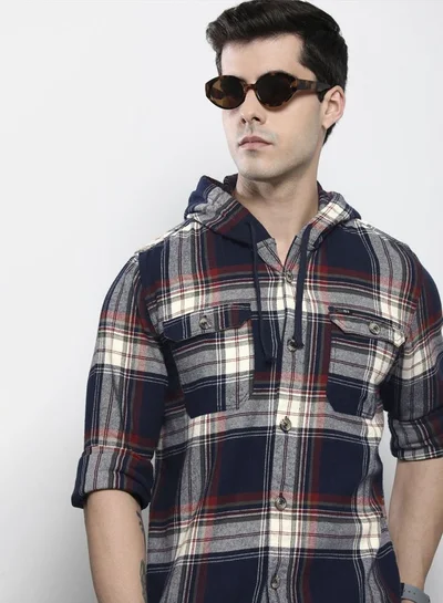 شركة المرآب الهندية Men Regular Fit Checkered Full Sleeves Hooded Double Flap Pocket Casual Over Shirt