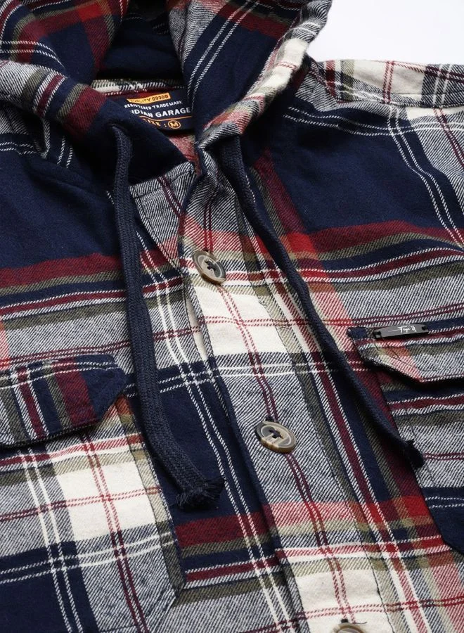 The Indian Garage Co Men Regular Fit Checkered Full Sleeves Hooded Double Flap Pocket Casual Over Shirt