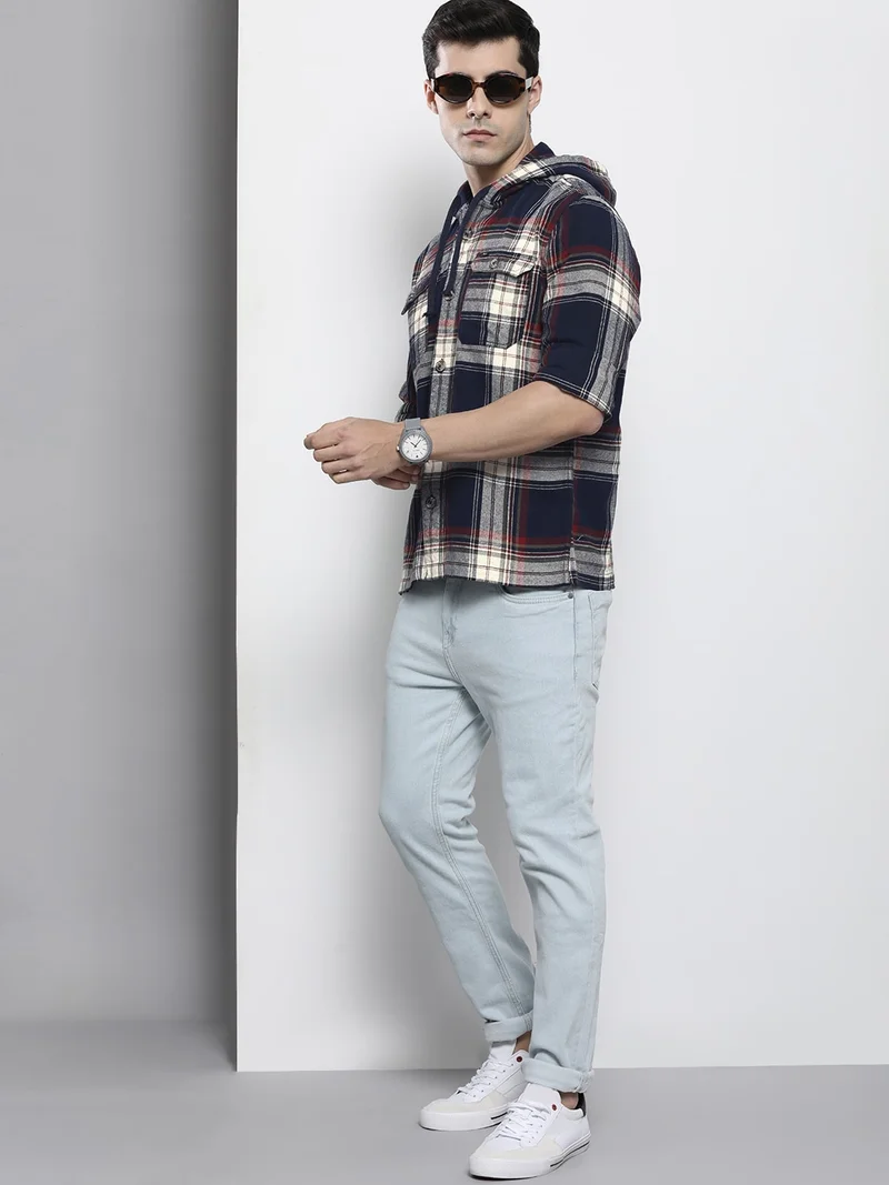 The Indian Garage Co Men Regular Fit Checkered Full Sleeves Hooded Double Flap Pocket Casual Over Shirt