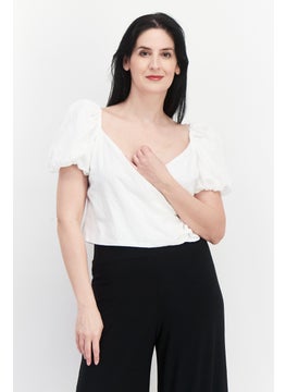Bar III Women Surplice Neck Puffer Sleeve Textured Top, White  - Image 1