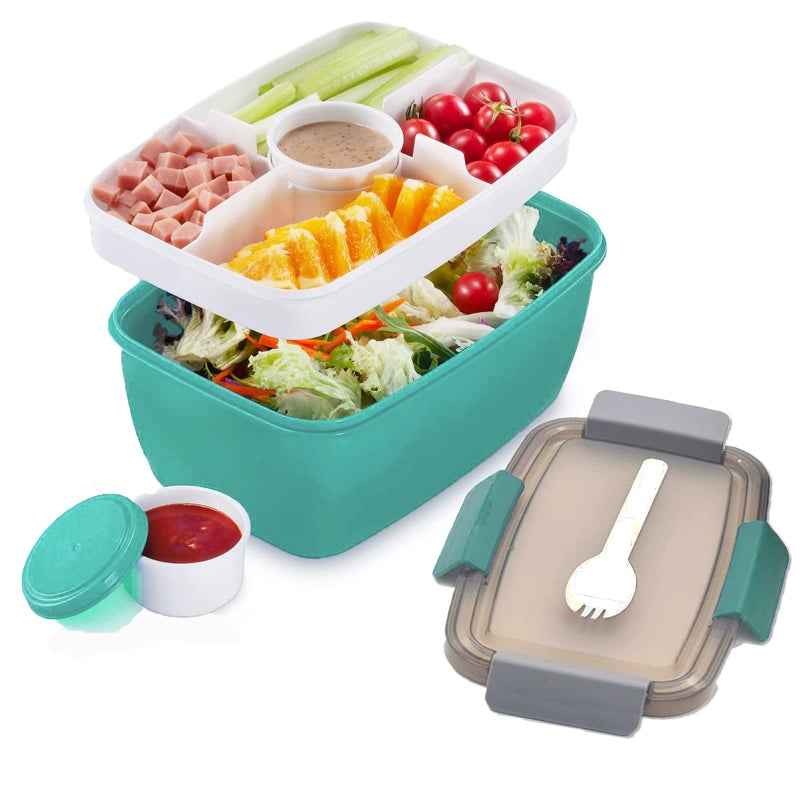 MUJUZE Salad Lunch Box Adults Large2Tier Lunch Box with Dividers 2000ML Salad Box to Go Sustainable LeakProof BPAFree Lunchbox with Cutlery Lunch Bento Box for WorkPicnicGreen