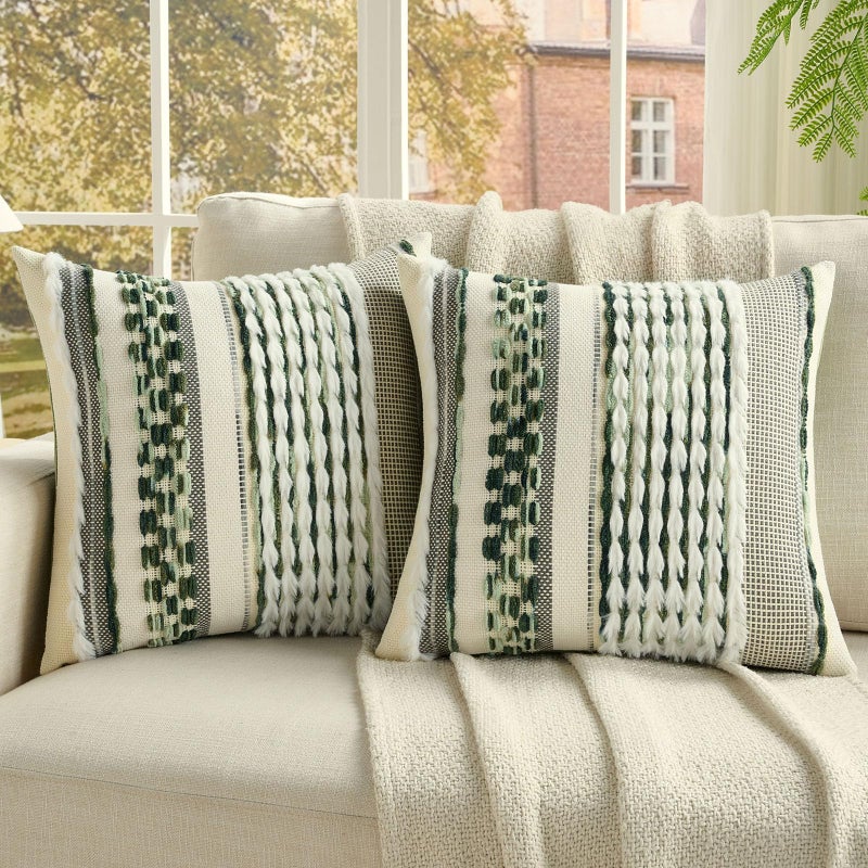 FUTEI Green Accent Throw Pillow Covers Set of 2, 18x18 Inch Plush Tufted Striped Textured Decorative Cushion Cases for Farmhouse Boho Couch Decor - Image 1