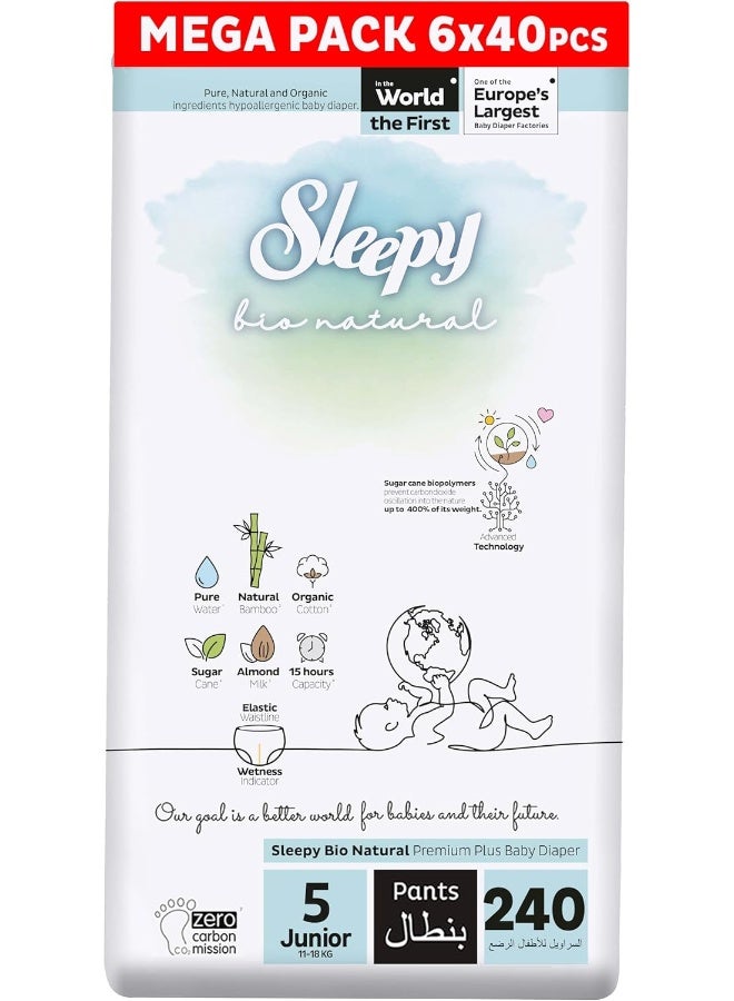 Sleepy Pack Of 240 Bio Natural Pants Size 5, Organic Comfort Superior Absorbency, Eco-Friendly Hypoallergenic, 6 X 40 Pieces