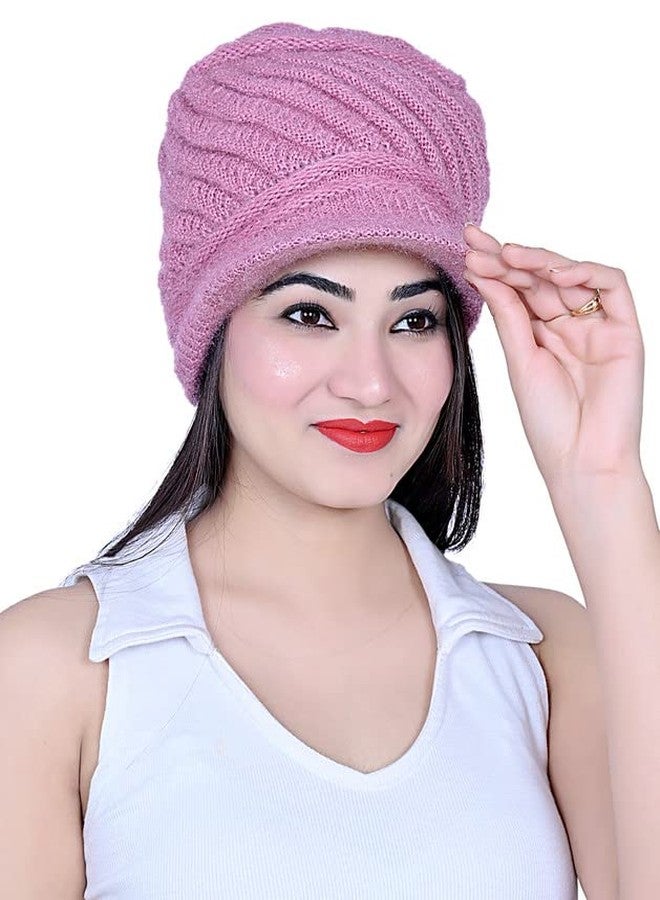 Dressify NVL Womens Winter Beanie Hat Warm Knitted Slouchy Wool Hats with Visor Pink Color - Image 1