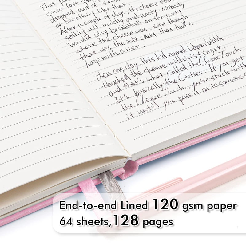 feela 5 Pack Notebooks Journals Bulk, Hardcover Notebook Classic Ruled Lined Journals with Pen Holder for Women Girls School Business Supplies, with 5 Black Pens, 120 GSM, 5.1â€x8.3â€, A5, Rose Pink - Image 3