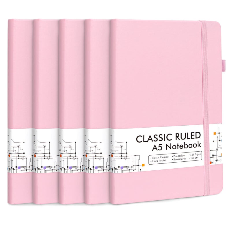feela 5 Pack Notebooks Journals Bulk, Hardcover Notebook Classic Ruled Lined Journals with Pen Holder for Women Girls School Business Supplies, with 5 Black Pens, 120 GSM, 5.1â€x8.3â€, A5, Rose Pink - Image 1