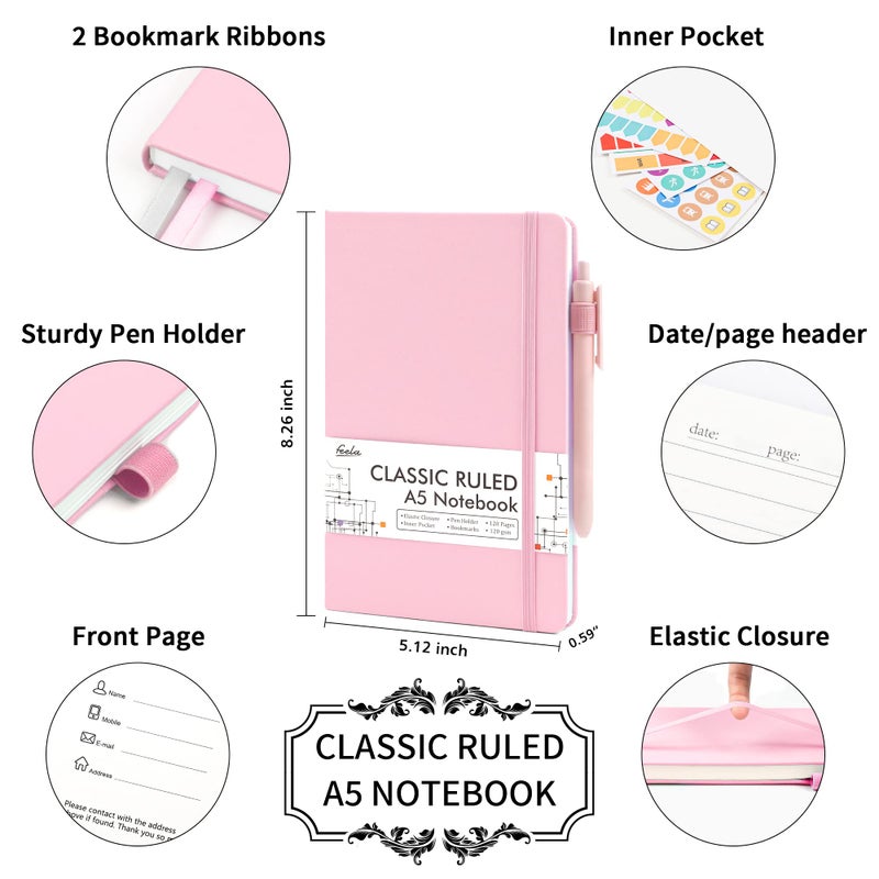 feela 5 Pack Notebooks Journals Bulk, Hardcover Notebook Classic Ruled Lined Journals with Pen Holder for Women Girls School Business Supplies, with 5 Black Pens, 120 GSM, 5.1â€x8.3â€, A5, Rose Pink - Image 2