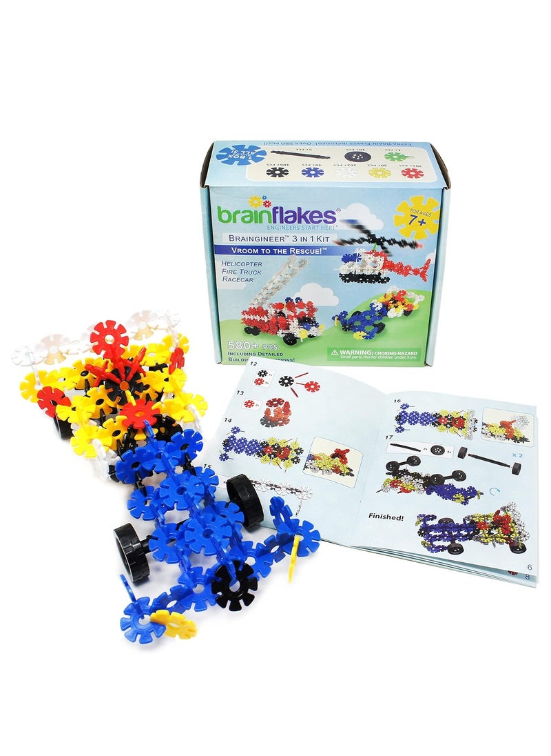 VIAHART Brain Flakes 3-in-1 Building Kit with Detailed Step by Step Instructions - 580 Pieces to Build All 3 Vehicles - Wheel Pieces and Special Parts are Included - Ages 7 and Up