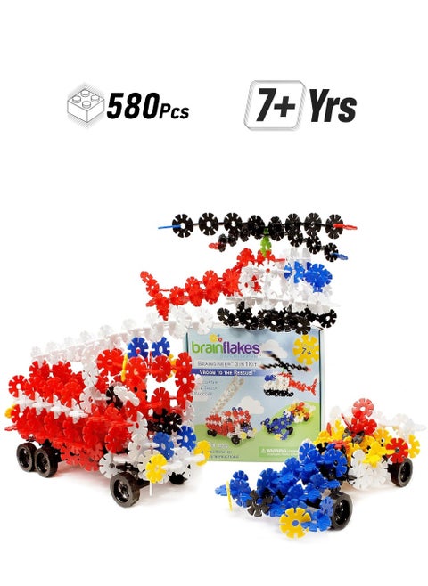 VIAHART Brain Flakes 3-in-1 Building Kit with Detailed Step by Step Instructions - 580 Pieces to Build All 3 Vehicles - Wheel Pieces and Special Parts are Included - Ages 7 and Up