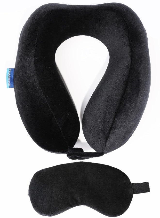 Brookstone Memory Foam Neck Travel Pillow Set - High Density Stuffable U Shaped Travel Neck Pillow and Sleep Mask Set for Car, Airplane Travels and Sleep, Black Contoured - Image 1