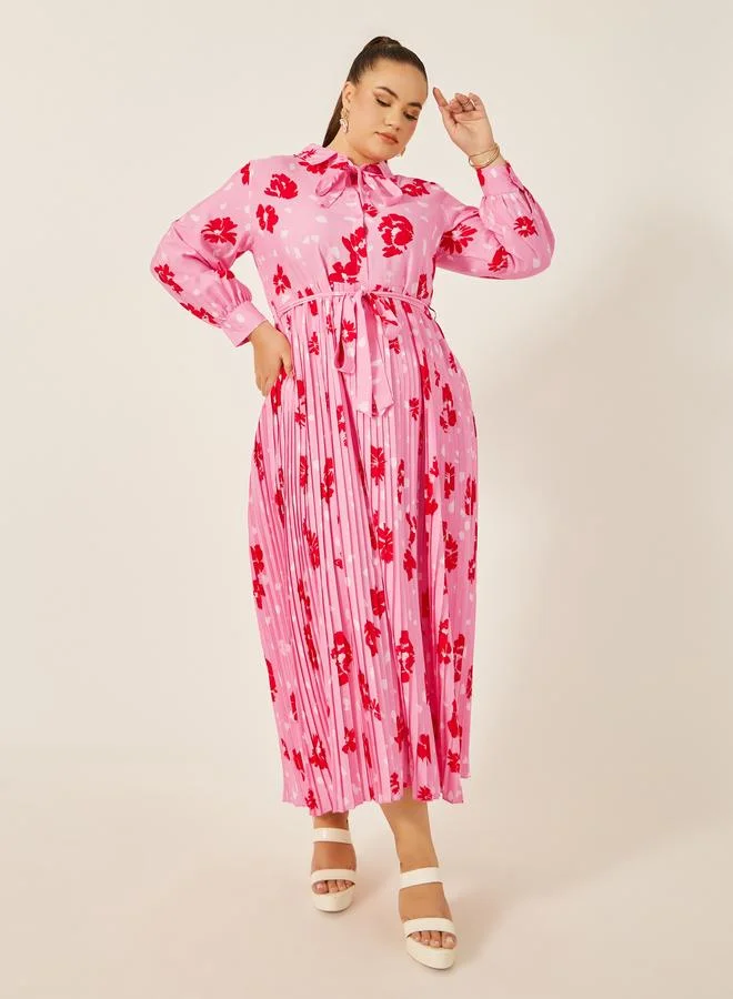 ستايلي Styli Plus Size Floral Print Pleated A-Line Maxi Dress